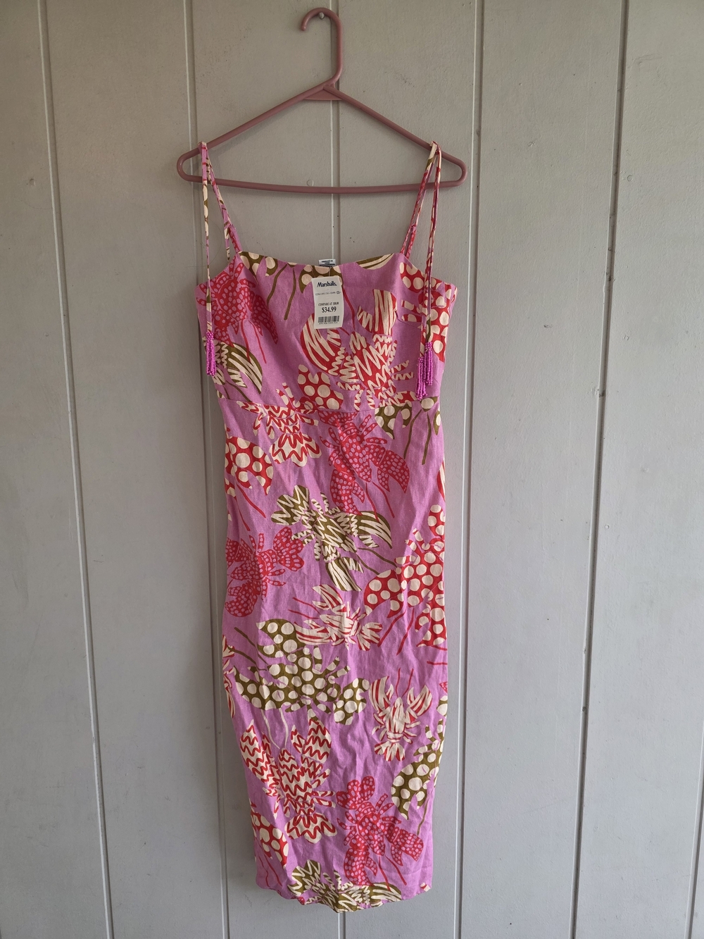 Rachel Zoe Pink Lobster Print Midi Dress Beaded Tassle Tropical Size Small